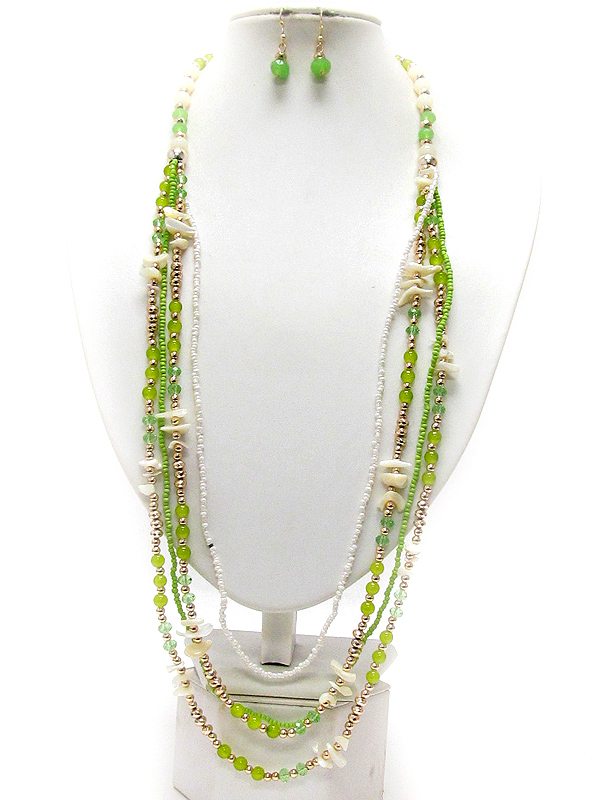 Multi seed bead and shell accent multi layer long necklace earring set