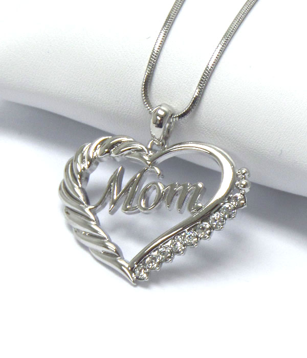 Made in korea whitegold plating side crystal mom heart pendant necklace
