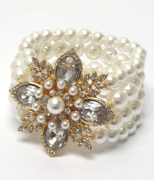 Crystal and pearl mix flower and multi stretch pearl chain bracelet