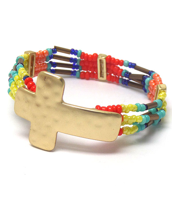 Cross and multi seed bead stretch bracelet
