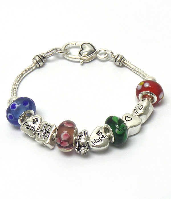 Pandora style religious theme faith hope love murano glass and metal bead link bracelet