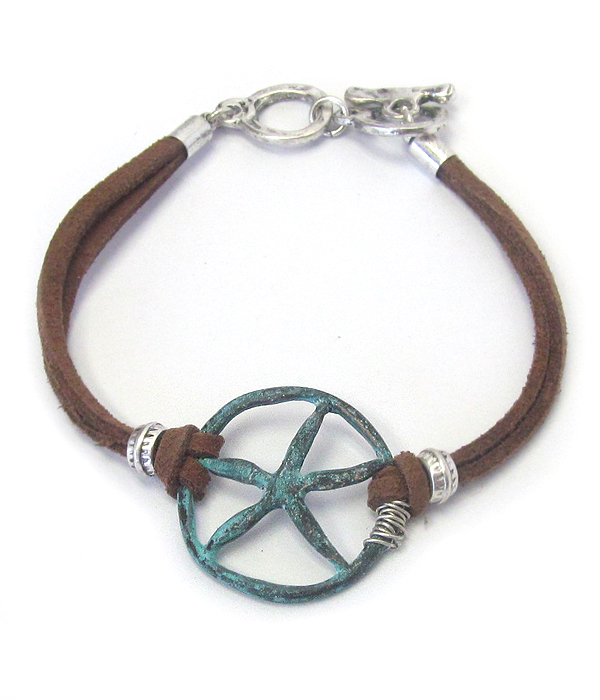 Starfish and leather band toggle bracelet