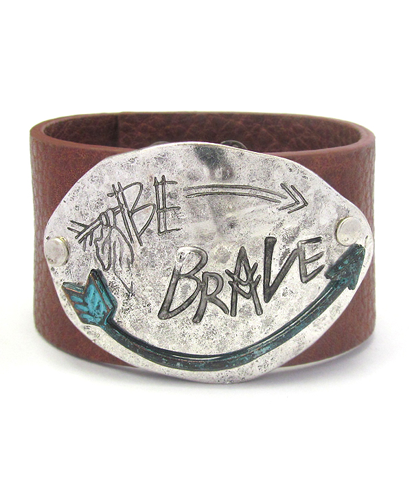 Inspiration message leather band bracelet - brave