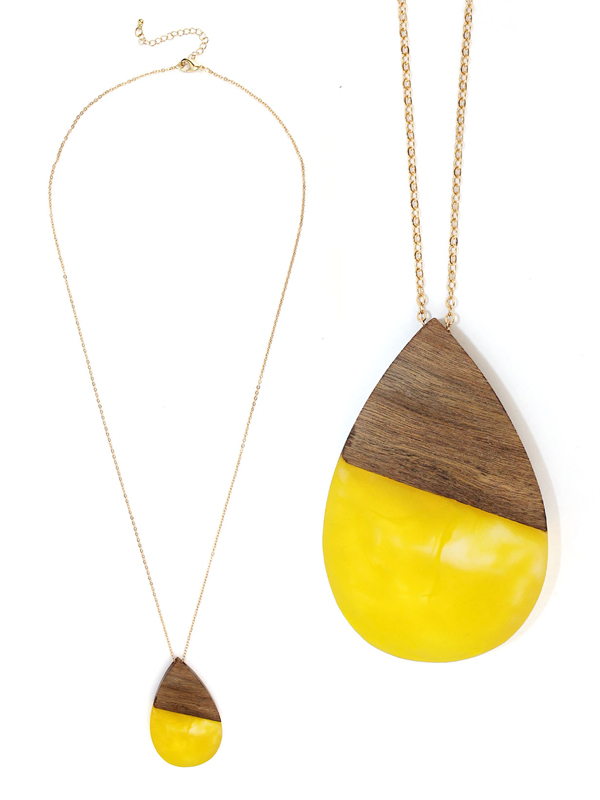 Resin and wood teardrop pendant long necklace