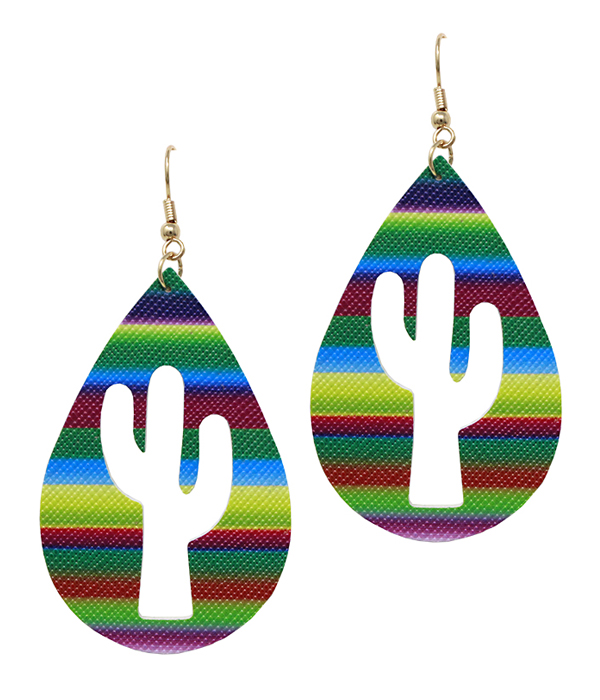 FAUX LEATHER RAINBOW CACTUS CUT TEARDROP EARRING