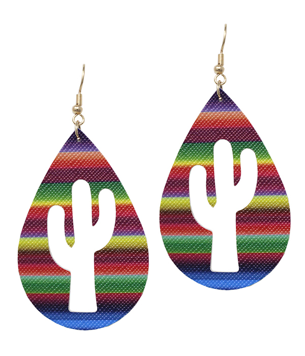 FAUX LEATHER RAINBOW CACTUS CUT TEARDROP EARRING