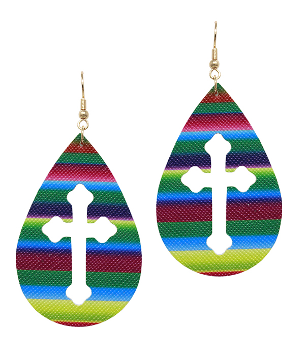 FAUX LEATHER RAINBOW CROSS CUT TEARDROP EARRING