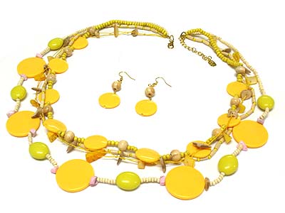 Multi strand acrylic and wood bead necklace and earring set 