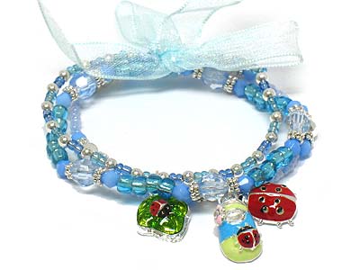 Triple seed bead strands with ladybug charms and ribbon kids bracelet 