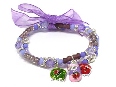 Triple seed bead strands with ladybug charms and ribbon kids bracelet