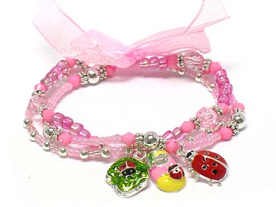 Triple seed bead strands with ladybug charms and ribbon kids bracelet 