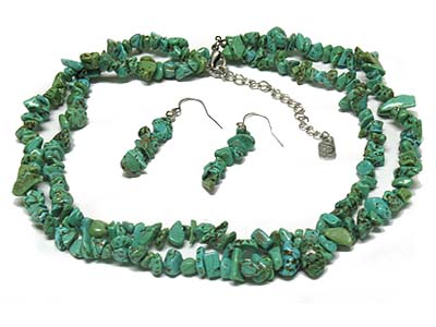 Double strand turquoise stone necklace and earring set