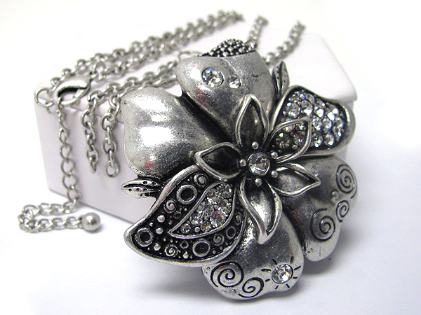 Crystal deco large metal art flower long necklace earring set