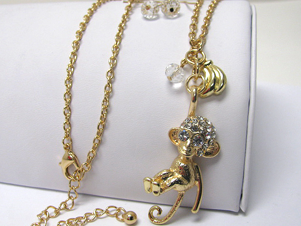 Crystal deco hanging monkey and bananas necklace earring set