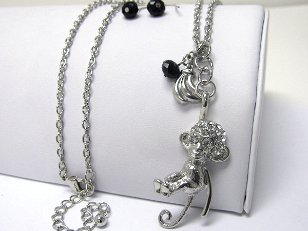 Crystal deco hanging monkey and bananas necklace earring set