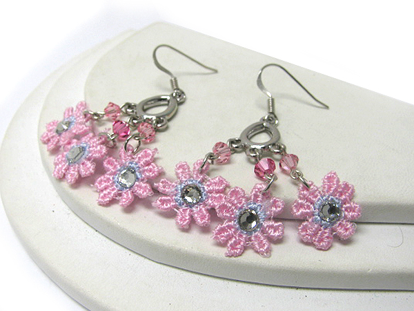 Crystal center fabric flower drop earring