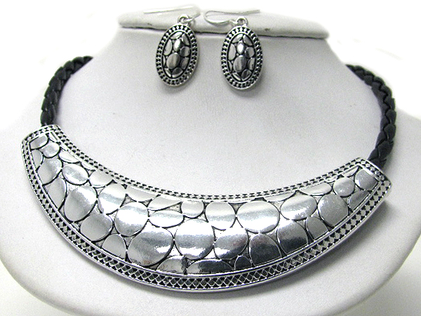 Designer style textured metal crescent and synthetic leather cord necklace earring set