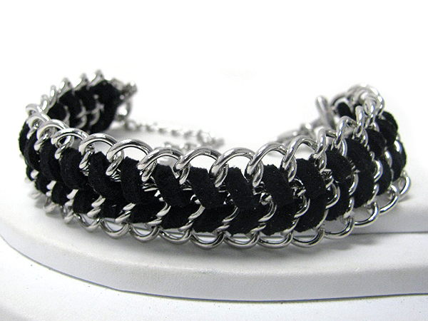 Plain metal and suede cord link bracelet