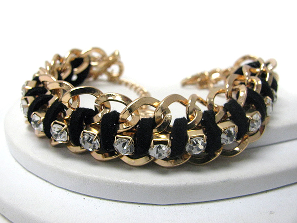 Plain metal and suede cord link and crystal accent bracelet