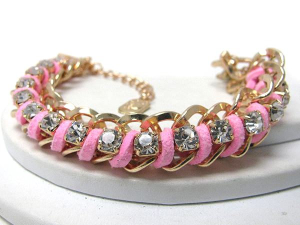 Plain metal and suede cord link and crystal accent bracelet