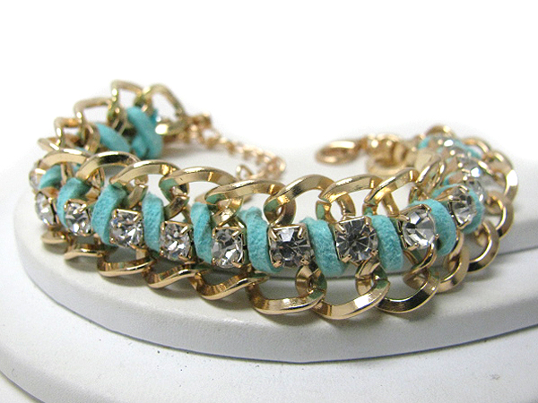 PLAIN METAL AND SUEDE CORD LINK AND CRYSTAL ACCENT BRACELET