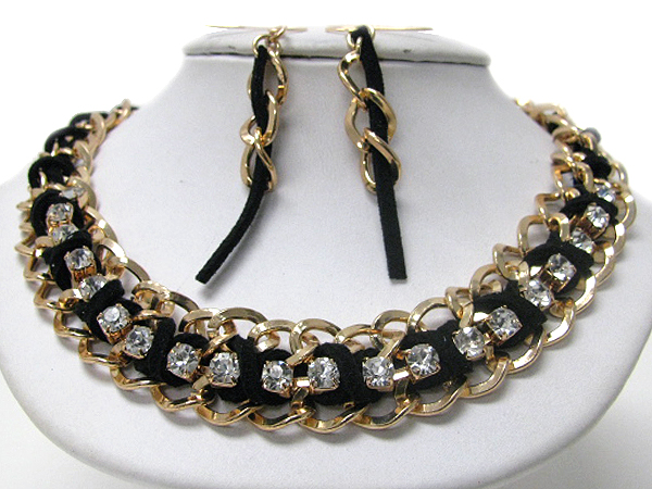 PLAIN METAL CHAIN AND SUEDE CORD LINK AND CRYSTAL ACCENT NECKLACE EARRING SET