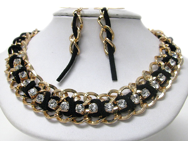 Plain metal chain and suede cord link and crystal accent necklace earring set