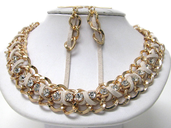 Plain metal chain and suede cord link and crystal accent necklace earring set