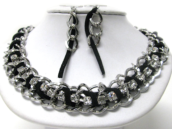 Plain metal chain and suede cord link and crystal accent necklace earring set