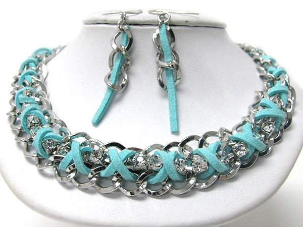 Plain metal chain and suede cord link and crystal accent necklace earring set