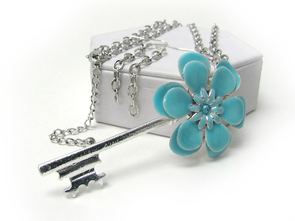 Crystal center and epoxy flower large key pendant long necklace earring set