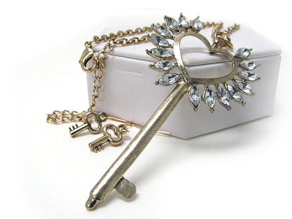 Crystal deco edge large key pendant long necklace earring set
