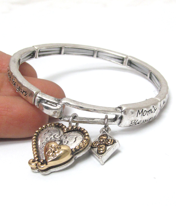 Moms blessing message heart charm stretch bracelet