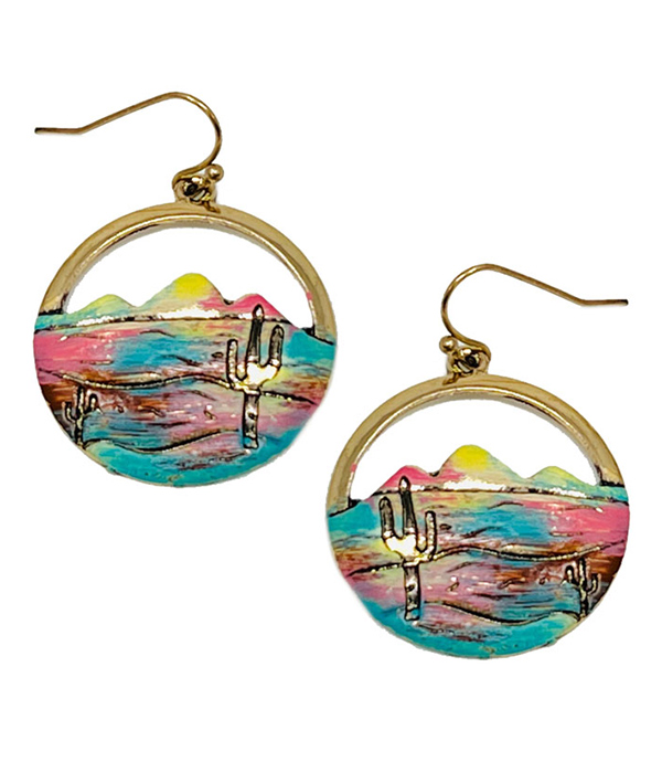 Western theme landscaple disc earring - desert and cactus