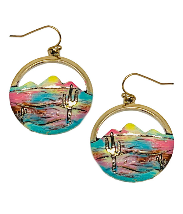 WESTERN THEME LANDSCAPLE DISC EARRING - DESERT AND CACTUS