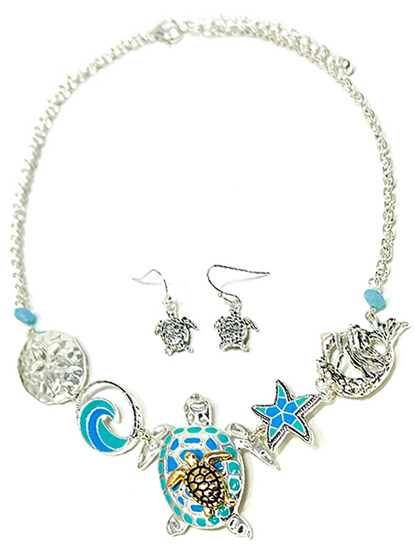 Sealife theme multi pendant link necklace set - turtle starfish mermaid wave