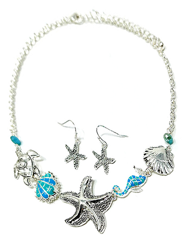 SEALIFE THEME MULTI PENDANT LINK NECKLACE SET - STARFISH,SEAHORSE. TURTLE,SHELL