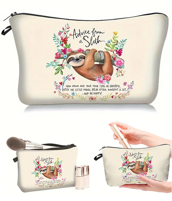 Sloth and flower print cosmetic bag