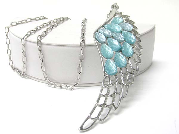 Crystal and glass deco wing pendant long necklace