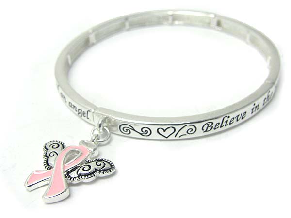 Pink ribbon charm textured metal stretch bracelet - breast cancer awareness