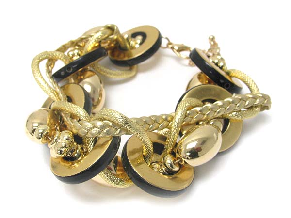 Metallic disk and mixed cord link bracelet