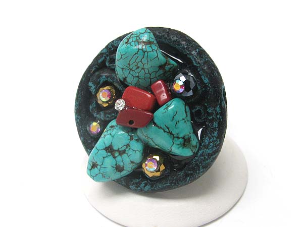 Turquoise and natural stone deco round stretch ring