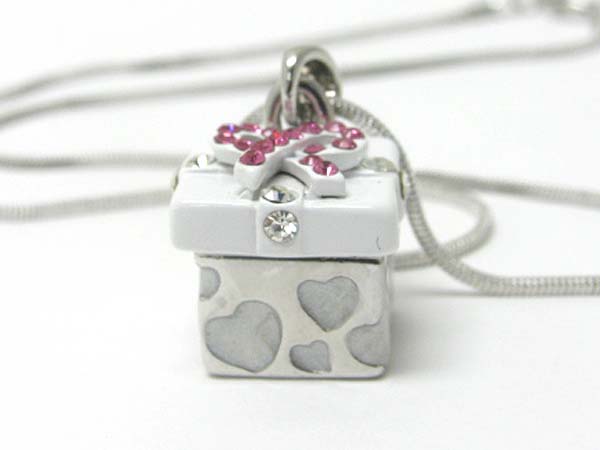 WHITEGOLD PLATING AND METAL EPOXY CRYSTAL STUD MINIATURE GIFT BOX PENDANT NECKLACE