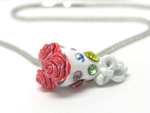 Made in korea whitegold plating and metal epoxy crystal stud miniature flower bouquet pendant necklace