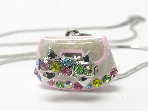 Made in korea whitegold plating and metal epoxy crystal stud handbag pendant necklace