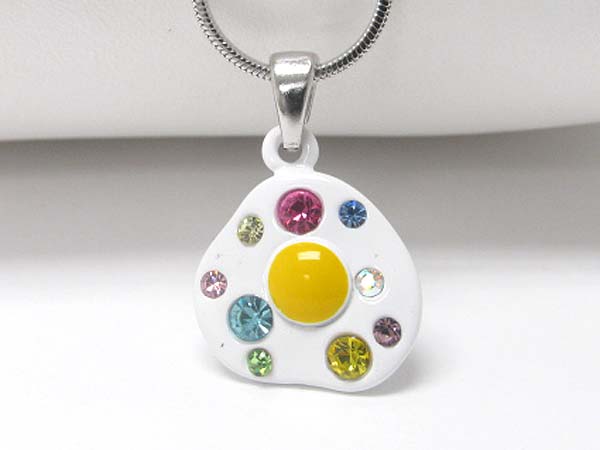 WHITEGOLD PLATING AND METAL EPOXY CRYSTAL STUD MINIATURE EGG FRY PENDANT NECKLACE