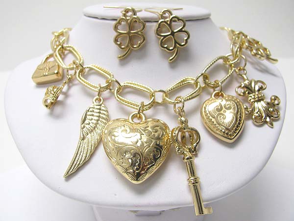 Heart key fleur de lis multi charm necklace earring set