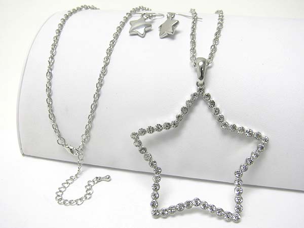 Crystal open star pendant long necklace and earring set