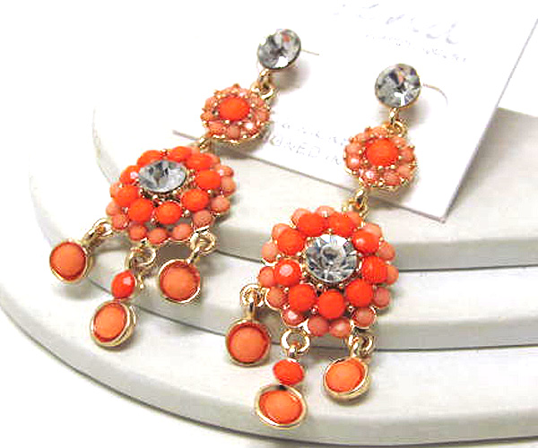 CRYSTAL DROP TWO METAL FLOWERS AND MULTI ACRYL STONE DROP DANGLE EARRING