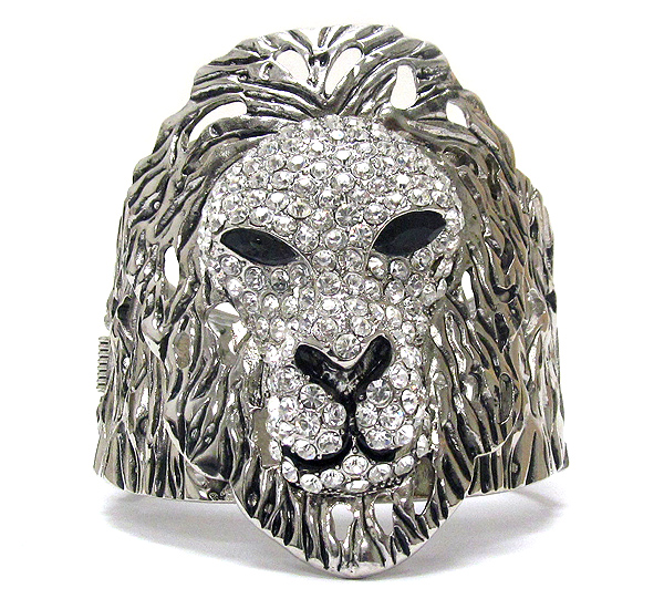 Crystal and epoxy deco large lion head rihanna style hinge bangle bracelet